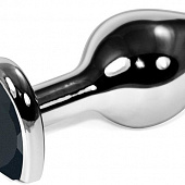 Серебристая анальная пробка с черным кристаллом-сердечком - 9 см.