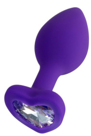 Фиолетовая анальная втулка с прозрачным стразом-сердечком - 7 см. фото в интим магазине Love Boat
