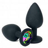 Черная силиконовая анальная пробка с радужным стразом - 8 см.