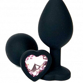Черная силиконовая пробка с нежно-розовым кристаллом-сердцем - 8,5 см.
