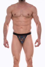 Темно-серые трусы-тонги с разноцветным принтом фото в интим магазине Love Boat