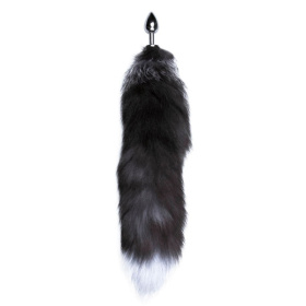 Серебристая анальная пробка с темным лисьим хвостом Black   White Fox Tail Size S
