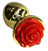 Золотистая анальная пробка с ограничителем в форме красной розы - 8 см. фото в интим магазине Love Boat