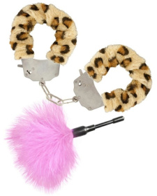 Эротический набор: леопардовые наручники и розовая пуховка фото в интим магазине Love Boat