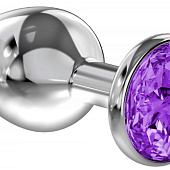 Серебристая анальная пробка Sparkle XL с фиолетовым кристаллом - 11 см.