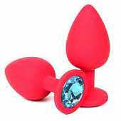 Красная силиконовая анальная пробка с голубым стразом - 9,2 см.