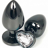 Черная металлическая анальная пробка с прозрачным стразом-сердечком - 7,5 см.