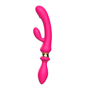 Розовый двусторонний вибромассажёр с клиторальным отростком - 30 см. фото в интим магазине Love Boat