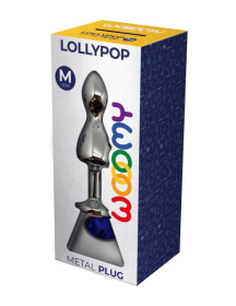 Серебристая анальная втулка Wooomy Lollypop M с синим кристаллом - 9,4 см.
