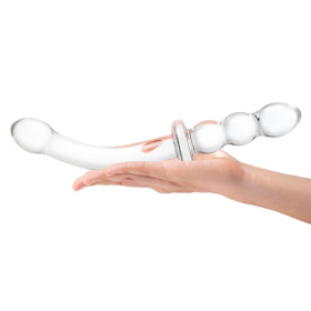 Изогнутый стеклянный фаллоимитатор 12’’ Girthy Ribbed G-Spot Glass Dildo With Handle Grip Double Ended - 30 см.