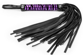
Черная многохвостовая плеть с круглой фиолетовой ручкой-зеброй - 39 см. фото в интим магазине Love Boat