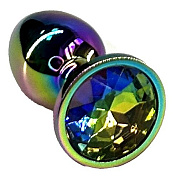 Анальная пробка цвета неохром с радужным кристаллом - 7 см. фото в интим магазине Love Boat