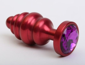 
Красная ребристая анальная пробка с фиолетовым стразом - 7,3 см. фото в интим магазине Love Boat