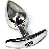 Серебристая анальная пробка для ношения с голубым кристаллом - 6 см.