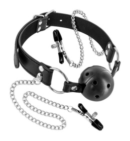 
Жесткий шар-кляп с зажимами для сосков фото в интим магазине Love Boat