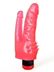 Двойной розовый вибромассажёр с шипами у основания - 17 см. фото в интим магазине Love Boat