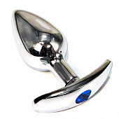 Серебристая анальная пробка для ношения с синим кристаллом - 6 см.