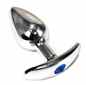 Серебристая анальная пробка для ношения с синим кристаллом - 6 см. фото в интим магазине Love Boat