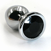 Серебристая алюминиевая анальная пробка с чёрным кристаллом - 6 см.