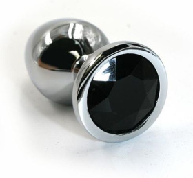 Серебристая алюминиевая анальная пробка с чёрным кристаллом - 6 см. фото в интим магазине Love Boat