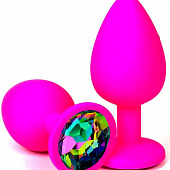 Розовая силиконовая пробка с разноцветным кристаллом - 8 см.