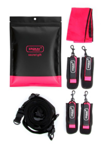 Черно-розовый эротический набор: фиксатор, оковы, наручники, повязка фото в интим магазине Love Boat