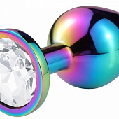Разноцветная гладкая анальная пробка с прозрачным кристаллом - 6,8 см. 