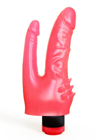 Двойной розовый вибромассажёр с шипами у основания - 20,5 см.