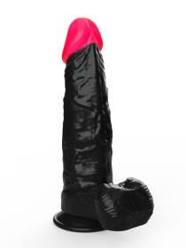 Чёрный фаллоимитатор с красной головкой - 20,4 см.
