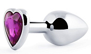 Серебристая анальная пробка с фиолетовым кристаллом-сердечком - 8 см. фото в интим магазине Love Boat