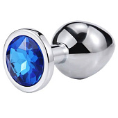 Серебристая анальная пробка iWonder c синим кристаллом - 7,2 см.