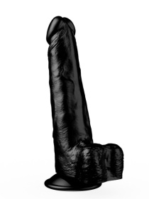 Фаллоимитатор с мошонкой на присоске чёрного цвета - 16,5 см.