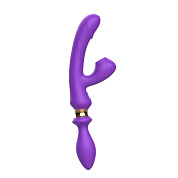 Фиолетовый двусторонний вибромассажёр с клиторальным отростком - 30 см. фото в интим магазине Love Boat