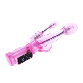 Розовый вибратор с анальным и клиторальным отростками Intimate Tease - 22,5 см.
