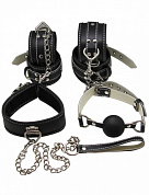 Пикантный БДСМ-набор на мягкой подкладке: наручники, поножи, ошейник с поводком, кляп фото в интим магазине Love Boat