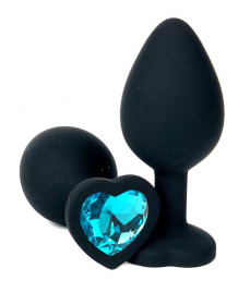 Черная силиконовая пробка с голубым кристаллом-сердцем - 8,5 см. фото в интим магазине Love Boat