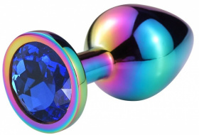 Разноцветная гладкая анальная пробка с синим кристаллом - 6,8 см.