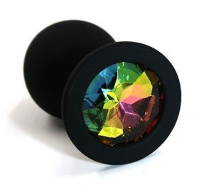 Чёрная силиконовая анальная пробка с радужным кристаллом - 7 см. фото в интим магазине Love Boat