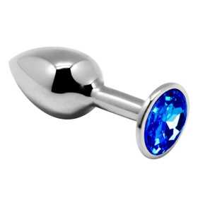 Серебристая анальная втулка с синим кристаллом Mini Metal Butt Plug Size M - 8 см. фото в интим магазине Love Boat