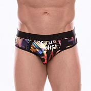 Черные трусы-джоки с разноцветным блестящим принтом фото в интим магазине Love Boat