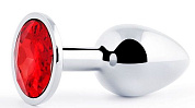 Серебристая анальная пробка с красным стразом - 7,2 см. фото в интим магазине Love Boat