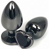 Черная металлическая анальная пробка с черным стразом-сердечком - 6,5 см.