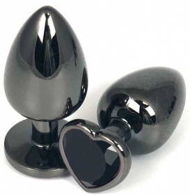 Черная металлическая анальная пробка с черным стразом-сердечком - 6,5 см. фото в интим магазине Love Boat