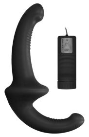 Черный безремневой вибрострапон с пультом управления Vibrating Silicone Strapless Strapon фото в интим магазине Love Boat