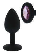 Черная гладкая анальная пробка с розовым кристаллом - 7 см. фото в интим магазине Love Boat