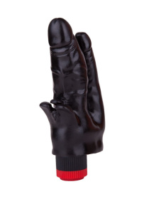 Чёрный вибромассажёр с двумя стволами и лепестками - 20 см.