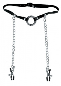 Кольцо-расширитель для рта с цепочками, соединяющими его с клипсами для сосков O-Ring Gag   Nipple Clamps