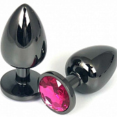 Черная металлическая анальная пробка с розовым стразом - 7,5 см.