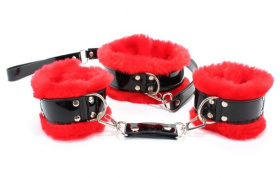 
Черно-красные меховые наручники и ошейник с поводком фото в интим магазине Love Boat