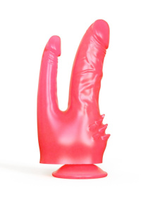 Розовый двойной фаллоимитатор с шипами и присоской - 21 см.